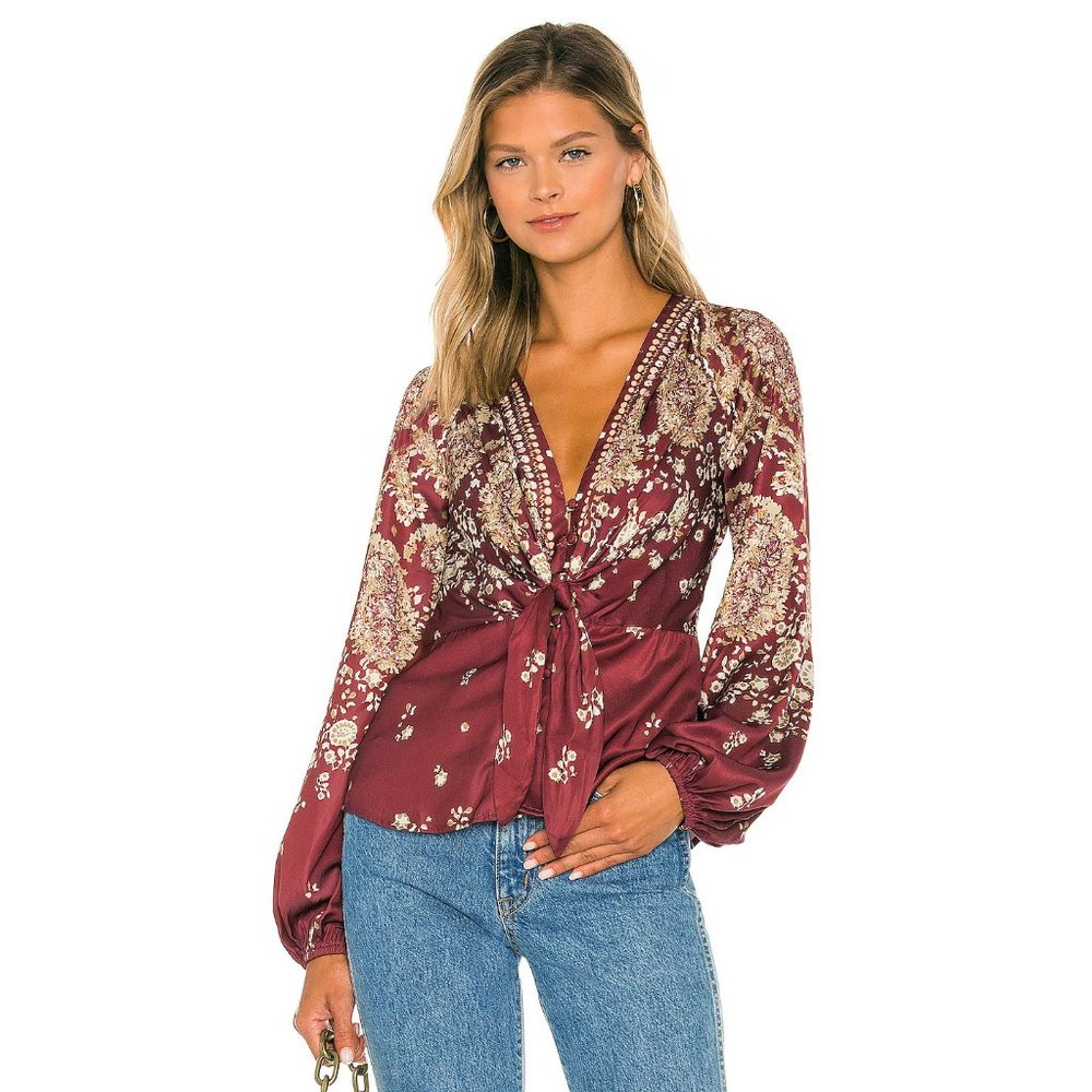 EUC Free People Run Free Burgundy Gold Paisley Floral Tie Front Blouse Size L